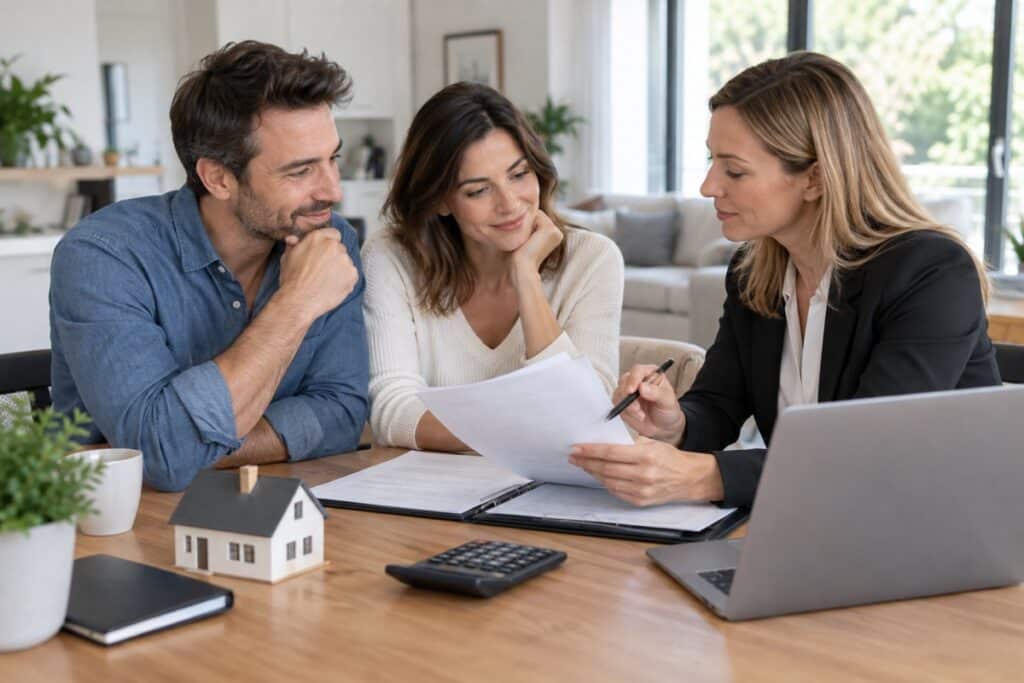 Un couple échange avec une conseillère au sujet du rachat de son crédit immobilier