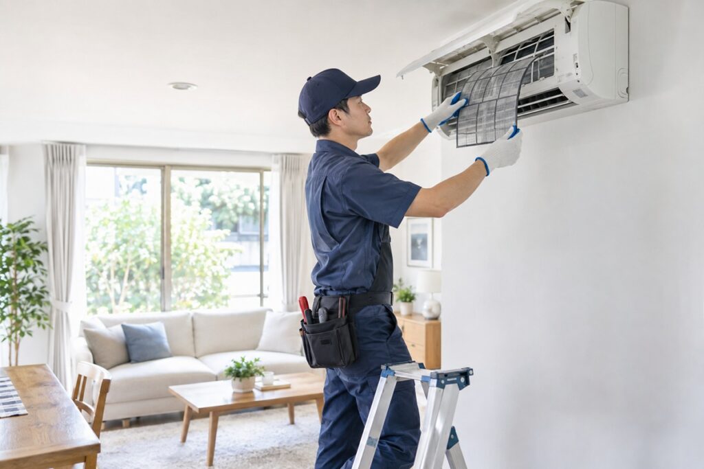 Un technicien nettoie les filtres d’une climatisation dans un salon lumineux