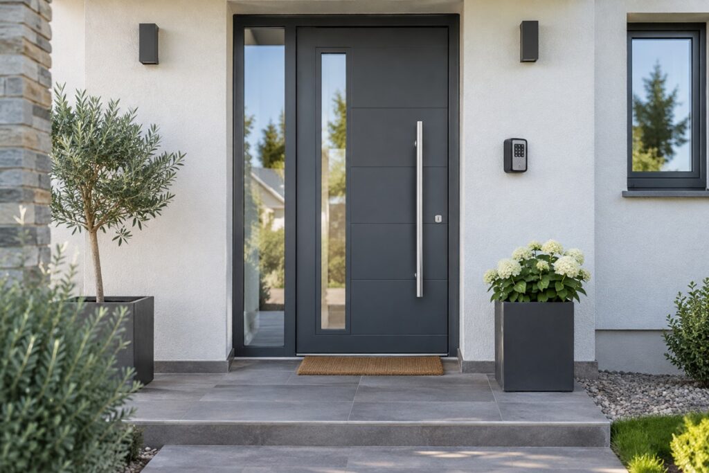 Une boîte à clés sécurisée installée à côté de la porte d’entrée d’une maison moderne