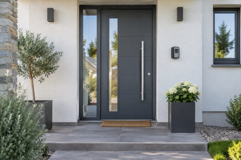 Une boîte à clés sécurisée installée à côté de la porte d’entrée d’une maison moderne