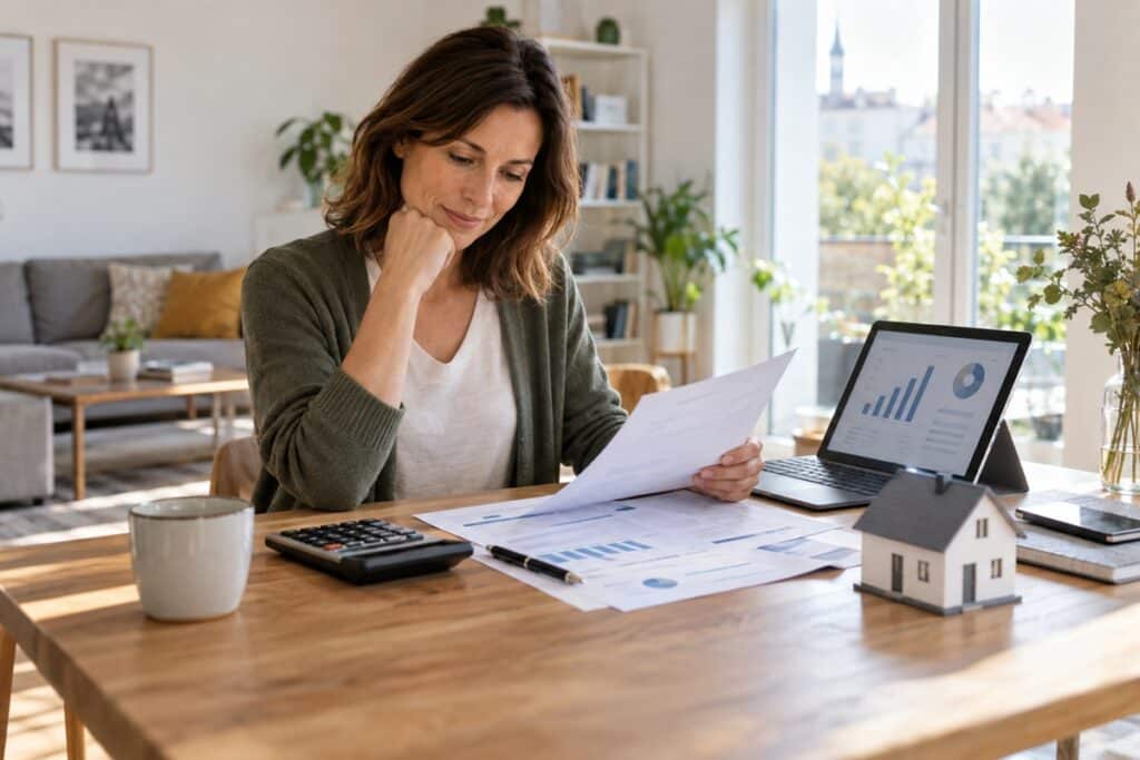 Une propriétaire étudie ses finances pour anticiper le remboursement de son prêt immobilier