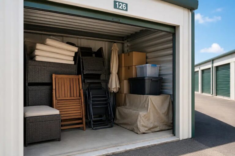 mobilier d'été stocké dans un box