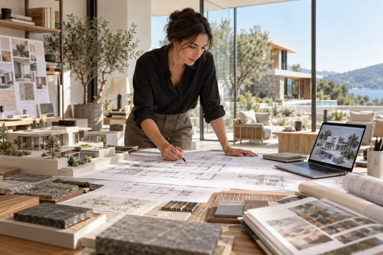 une architecte travaille sur des plans à son cabinet
