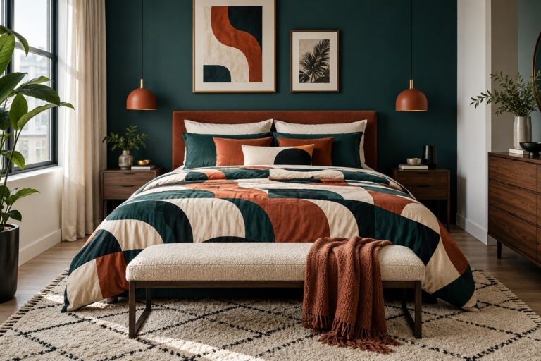 Chambre moderne dans des tons bleu sarcelle et terre cuite