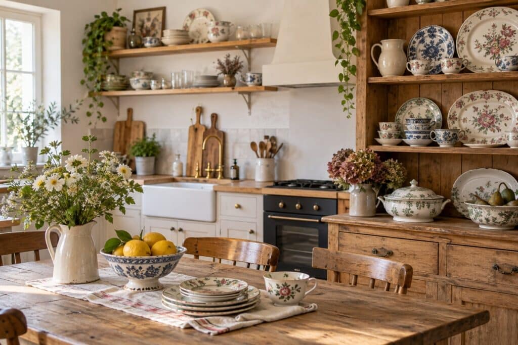 Cuisine de campagne fleurie décorée avec du bois et de la vaisselle vintage