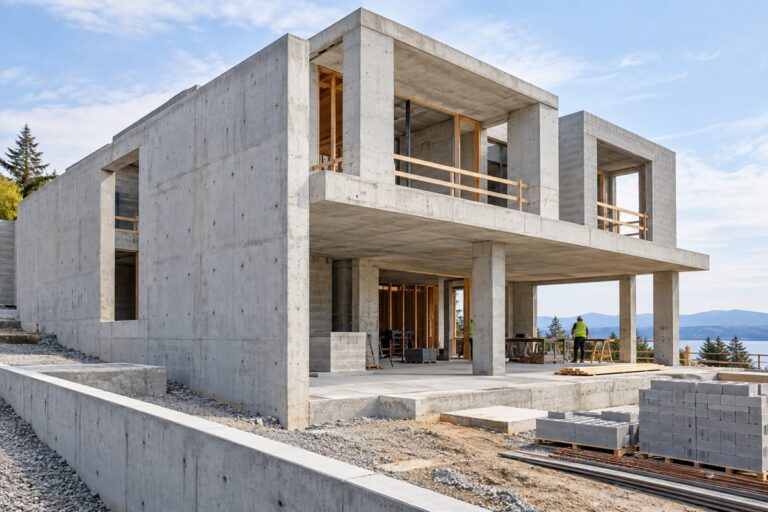 Maison moderne en construction avec béton face à la mer