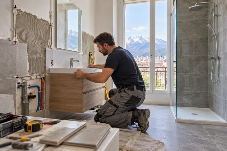 Un artisan rénove une salle de bain moderne à Grenoble