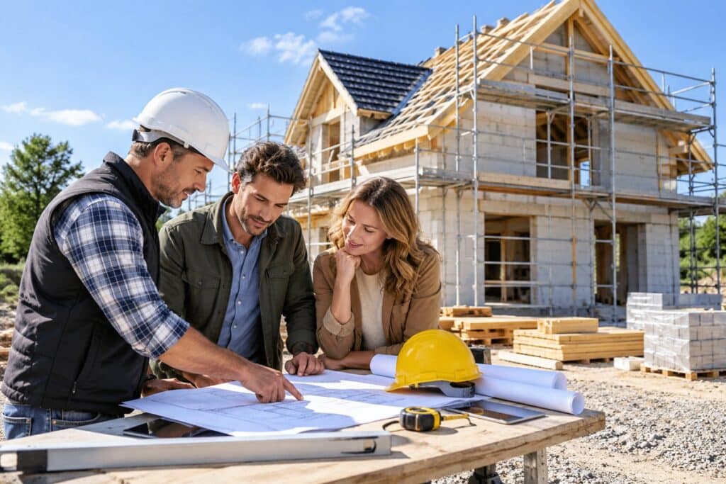 Un couple examine les plans de sa future maison avec un professionnel sur le chantier