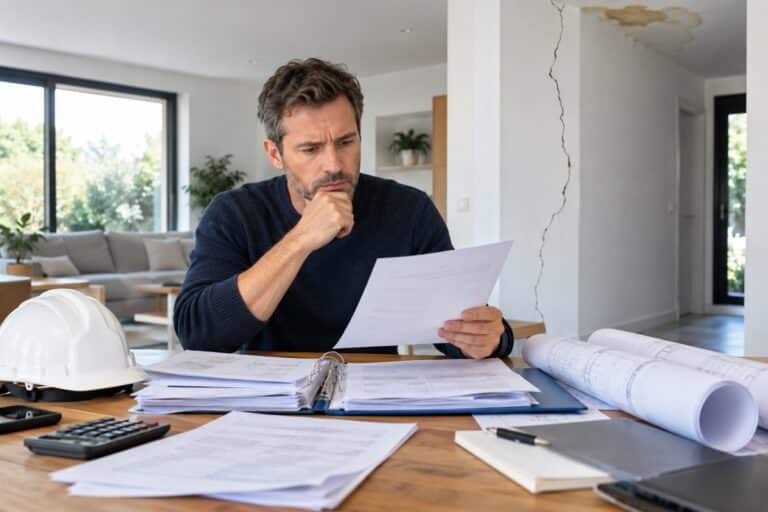 Un propriétaire inquiet examine ses documents d’assurance face aux fissures apparues dans sa maison