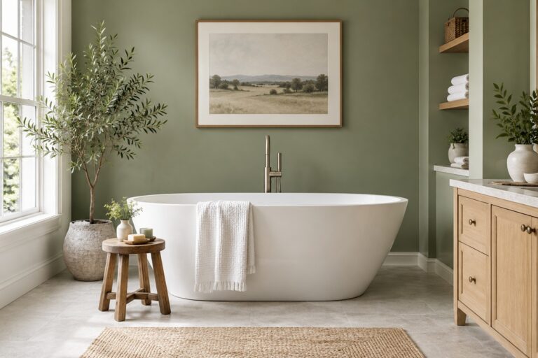 Une baignoire blanche élégante se détache sur un mur vert sauge