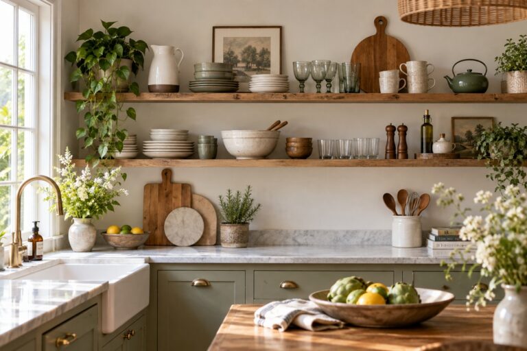 Une cuisine où la vaisselle s’expose avec style sur de belles étagères ouvertes