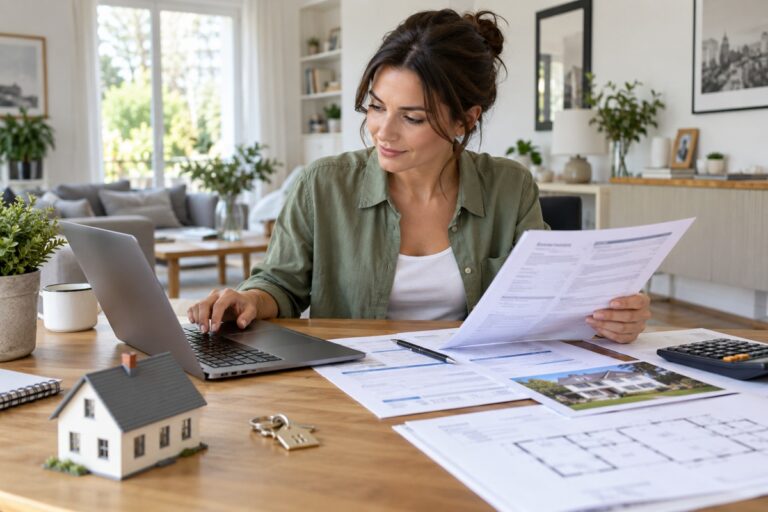 Une femme compare plusieurs offres d’assurance habitation depuis chez elle