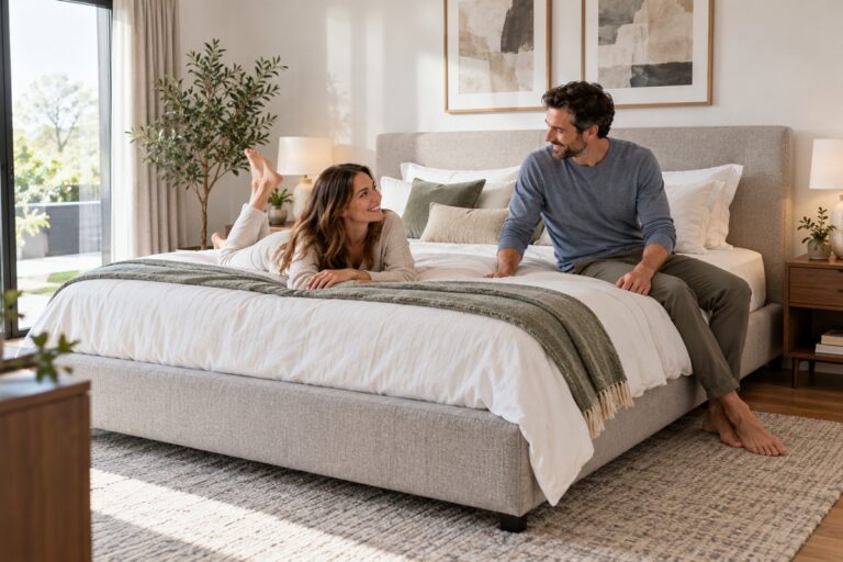 couple assis sur un lit king size dans leur chambre