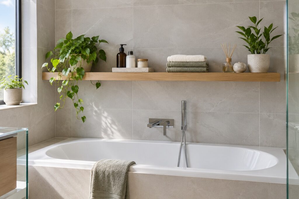 étagère bien aménagée au-dessus d'une baignoire