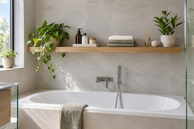 étagère bien aménagée au-dessus d'une baignoire
