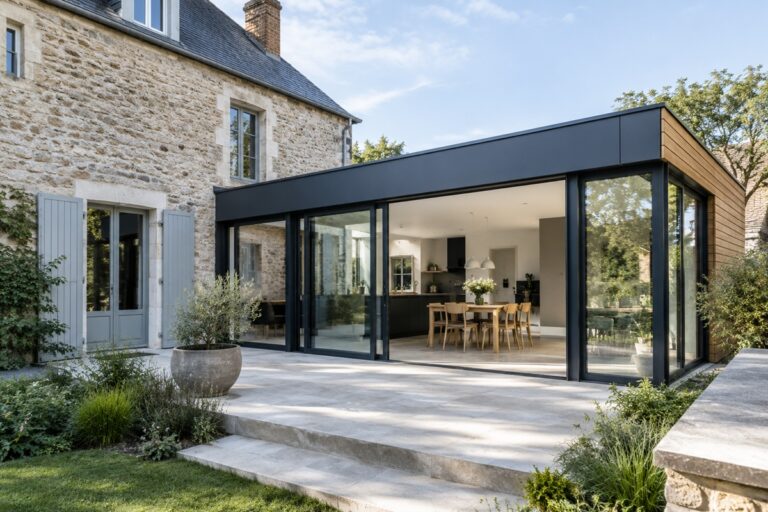 extension contemporaine sur une maison en pierre ancienne