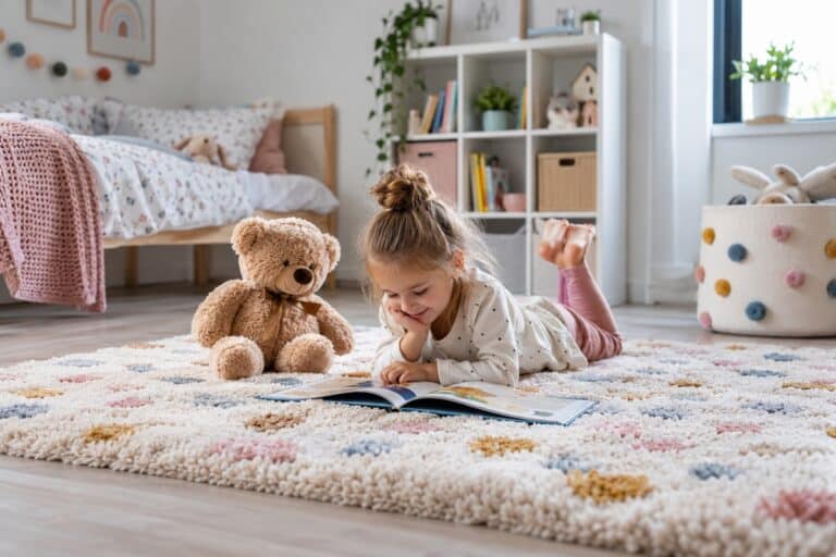 fillette lisant un livre sur un tapis moelleux dans sa chambre
