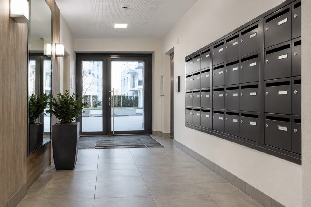 hall d'immeuble rénové avec boites aux lettres neuves