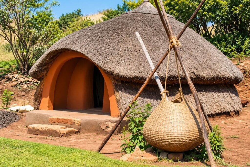 hutte basotho en chaume en afrique du sud