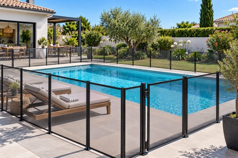 piscine sécurisée avec une clôture en verre