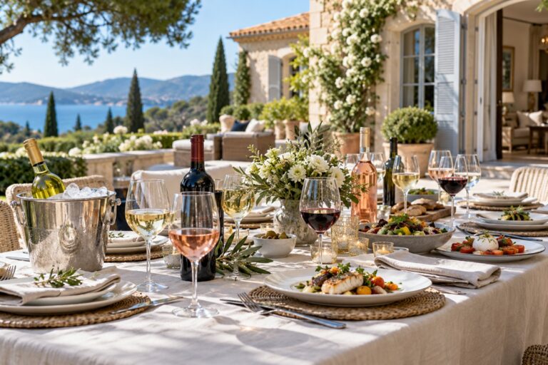 table dressée dans le jardin d'une belle villa en bord de mer