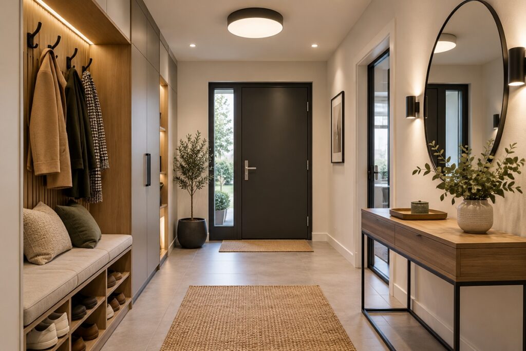 un couloir d'entrée éclairée par plusieurs sources lumineuses bien réparties
