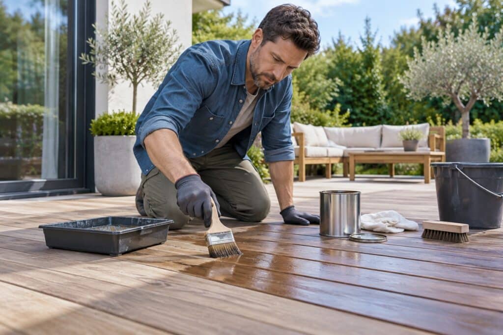 un homme entretien sa terrasse en bois avec du verns