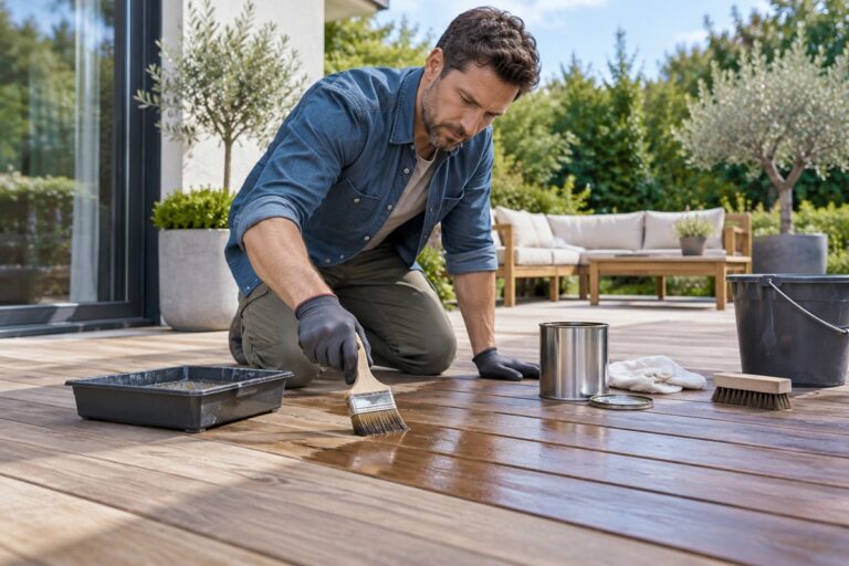 un homme entretien sa terrasse en bois avec du verns