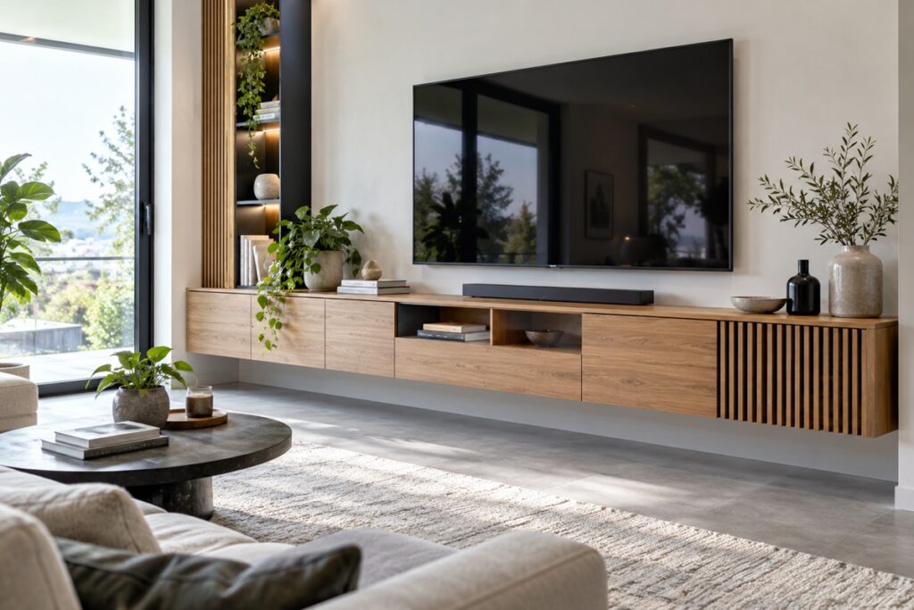 un meuble TV suspendu en bois structure un salon contemporain