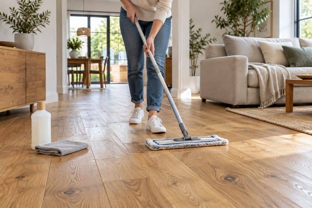 une femme entretien son parquet en chêne massif
